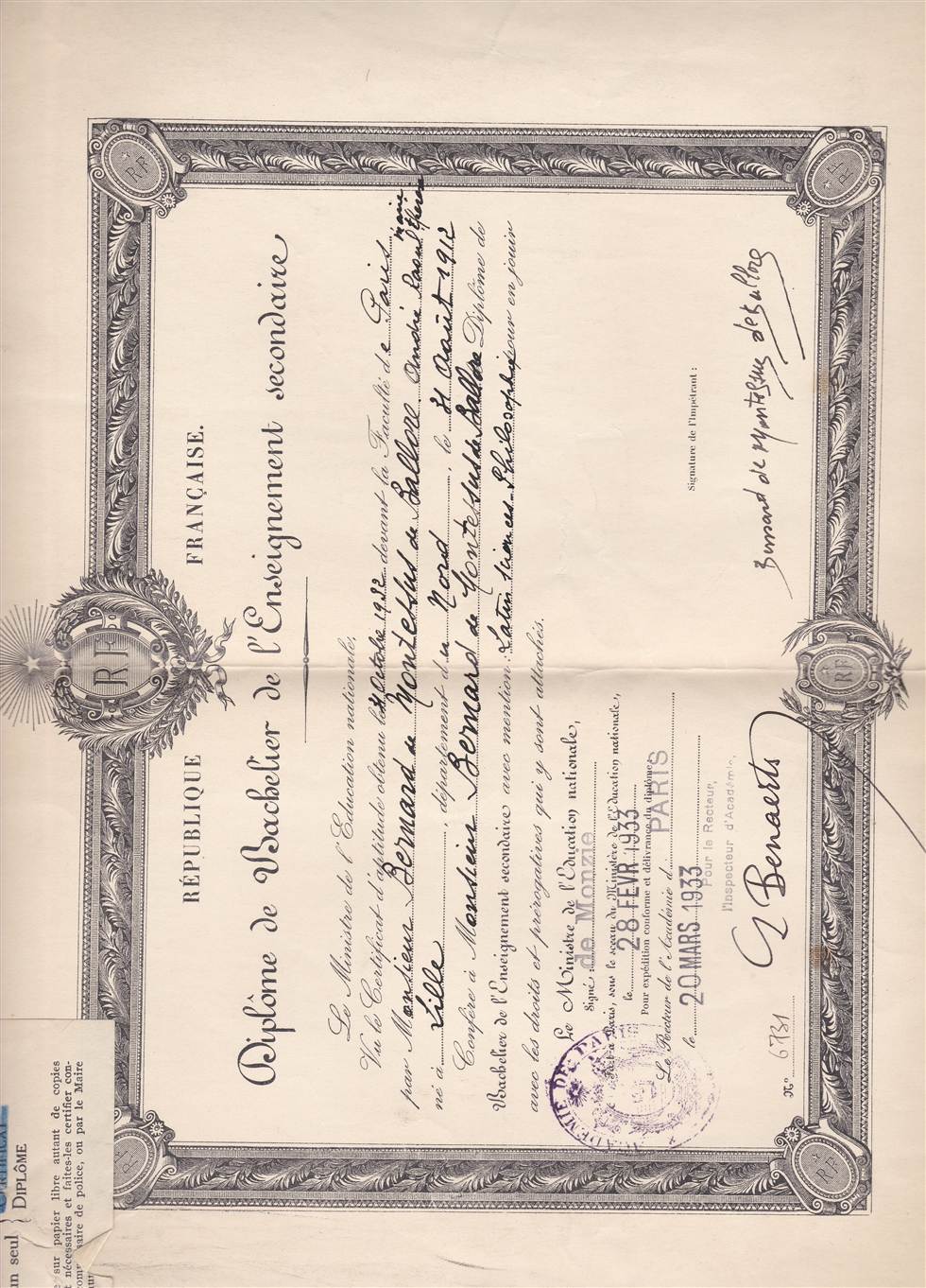 Diplôme du baccalauréat d'André, 1933